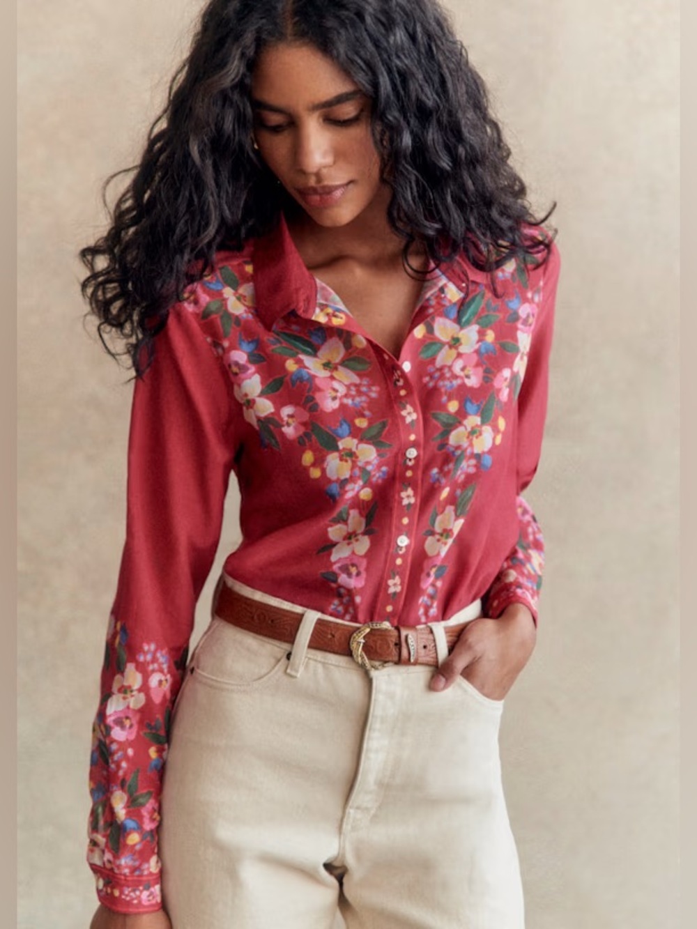 Sezane X AIMIE PIERRO SHIRT Red Floral Silk Blend Button-Front Top size 8